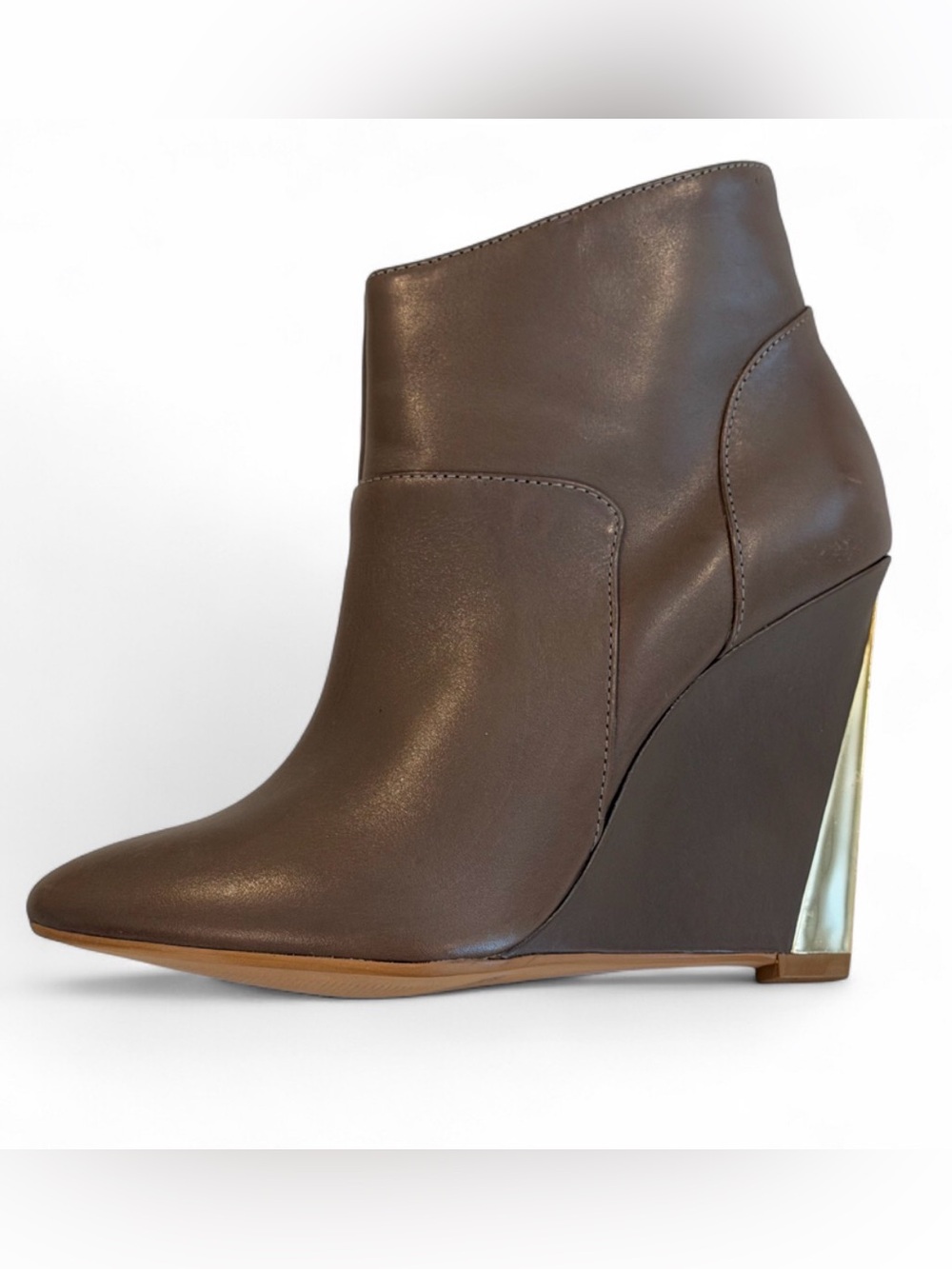 Madison Harding Debra Olive Leather Gold Heel Wedge Booties | Size 9 NWT